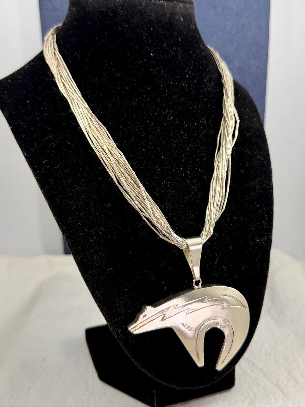 A. BEGAY AB Navajo Sterling Silver Liquid Silver Bear Pendant Necklace